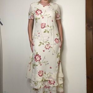 Bedford Fair Vintage Beige Floral Long Maxi Ruffle Tier Dress Size 6